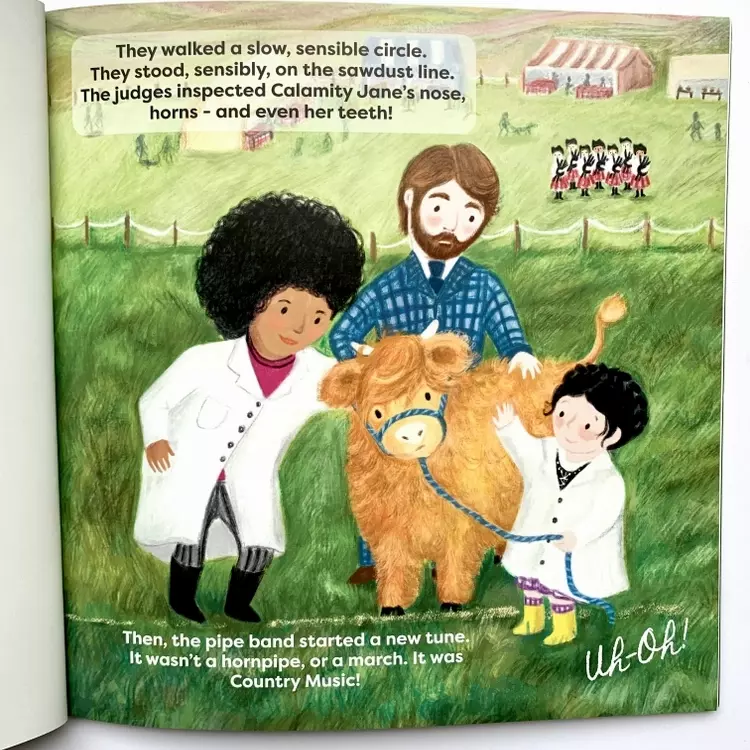 an illustration from the highland Cowgirl showtime , this illustration shows Hanna and calamity Jane in the show ring. the judges are examining the calf as Hanna watches. There is a pipe band in the background.
